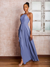 Robe en Mousseline à Bretelles Croisées et à Volants avec Col Licou Pervenche