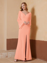 Robe Fourreau à Col en V en Mousseline avec Manches Longues Corail