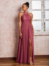 Maxi Robe Froncée en Mousseline à Col Licou avec Fente Cannelle Rose