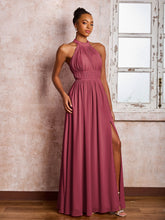 Maxi Robe Froncée en Mousseline à Col Licou avec Fente Cannelle Rose