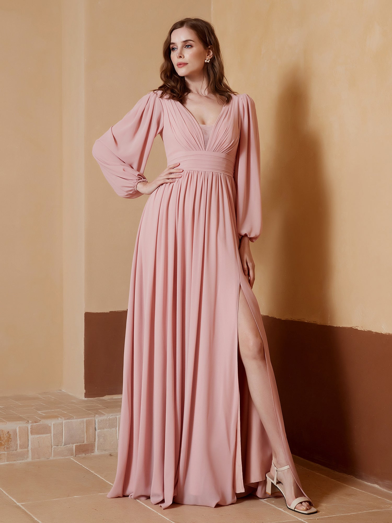Robe de A-ligne Plissée en Mousseline avec Manches Longues Rose