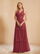 Robe de A-ligne Plissée en Tulle Longueur au Sol Cannelle Rose