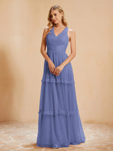 Robe de A-ligne Plissée en Tulle Longueur au Sol Pervenche