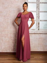 Robe en Mousseline à Col en Scoop avec Manches Flottantes et Fente Cannelle Rose