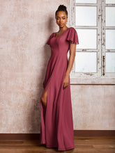 Robe en Mousseline à Col en Scoop avec Manches Flottantes et Fente Cannelle Rose