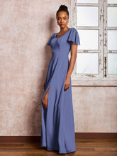 Robe en Mousseline à Col en Scoop avec Manches Flottantes et Fente Pervenche