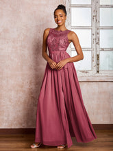 Maxi Robe en Mousseline avec Haut en Dentelle et Col Illusion avec Nœud Cannelle Rose