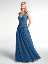 Robe Maxi Dentelle Top à Col en V avec Jupe en Mousseline Bleu Encre