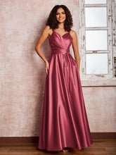 Maxi Robe en Satin à Bretelles Spaghetti avec Poches Cannelle Rose