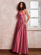 Maxi Robe en Satin à Bretelles Spaghetti avec Poches Cannelle Rose