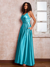 Maxi Robe en Satin à Bretelles Spaghetti avec Poches Jade