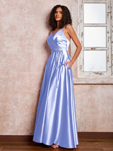 Maxi Robe en Satin à Bretelles Spaghetti avec Poches Lavande