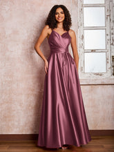 Maxi Robe en Satin à Bretelles Spaghetti avec Poches Mûre