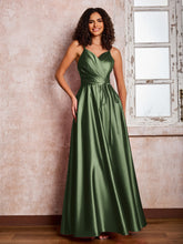 Maxi Robe en Satin à Bretelles Spaghetti avec Poches Olive Verte