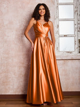 Maxi Robe en Satin à Bretelles Spaghetti avec Poches Orange