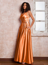 Maxi Robe en Satin à Bretelles Spaghetti avec Poches Orange