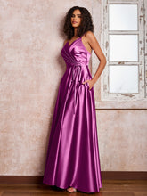 Maxi Robe en Satin à Bretelles Spaghetti avec Poches Orchidée