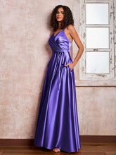 Maxi Robe en Satin à Bretelles Spaghetti avec Poches Régence