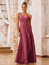 Robe de Demoiselle d'Honneur en Mousseline à Bretelles Spaghetti Doubles Cannelle Rose