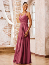 Robe de Demoiselle d'Honneur en Mousseline à Bretelles Spaghetti Doubles Cannelle Rose