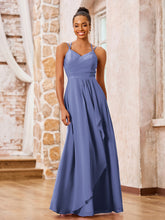 Robe de Demoiselle d'Honneur en Mousseline à Bretelles Spaghetti Doubles Pervenche