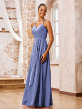 Robe de Demoiselle d'Honneur en Mousseline à Bretelles Spaghetti Doubles Pervenche