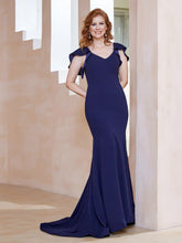 Robe Sirène avec Traîne de Balayage à Col en V Bleu Marine