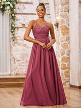 Maxi Robe en Mousseline avec Haut en Dentelle à Bretelles Spaghetti Cannelle Rose