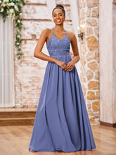 Maxi Robe en Mousseline avec Haut en Dentelle à Bretelles Spaghetti Pervenche