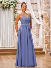 Maxi Robe en Mousseline avec Haut en Dentelle à Bretelles Spaghetti Pervenche