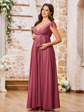 Robe de Maternité en Mousseline à Col en V Profond avec Nœuds aux Épaules Cannelle Rose