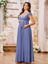 Robe de Maternité en Mousseline à Col en V Profond avec Nœuds aux Épaules Pervenche