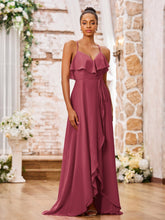 Robe en Mousseline à Bretelles Spaghetti avec Devant Court et Dos Long Cannelle Rose