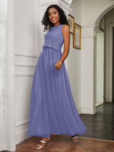 Robe en A-ligne Sans Manches en Tulle Longueur au Sol Pervenche