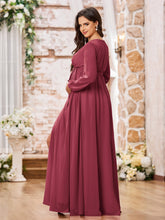 Robe Trapèze en Mousseline à Manches Longues et Col en V avec Fente Cannelle Rose