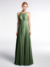 Robe Longue à Décolleté en Trou de Serrure Licou avec Jupe Circulaire Olive Verte