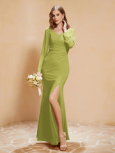 Robe Sirène en Mousseline à Manches Longues avec Fente Trèfle