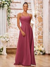 Maxi Robe Plissée en Mousseline à Bretelles Spaghetti Croisées Cannelle Rose