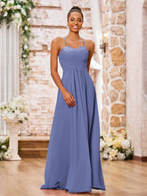 Maxi Robe Plissée en Mousseline à Bretelles Spaghetti Croisées Pervenche