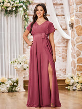 Maxi Robe en Mousseline à Col en V et Manches Courtes avec Fente Cannelle Rose