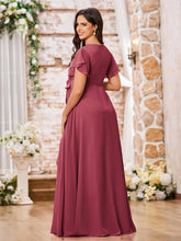 Maxi Robe en Mousseline à Col en V et Manches Courtes avec Fente Cannelle Rose