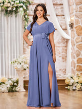 Maxi Robe en Mousseline à Col en V et Manches Courtes avec Fente Pervenche