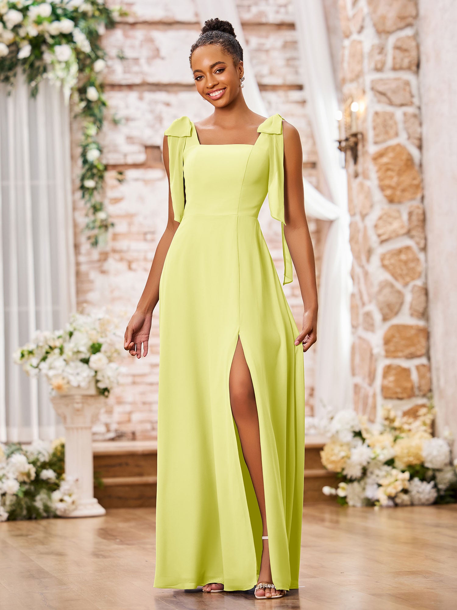 Robe en Mousseline à Col Carré et Bretelles à Doubles Nœuds avec Fente