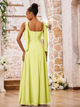 Robe en Mousseline à Col Carré et Bretelles à Doubles Nœuds avec Fente Jonquille