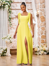 Robe en Mousseline à Col Carré et Bretelles à Doubles Nœuds avec Fente Citron