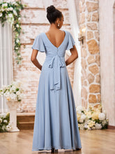 Maxi Robe Trapèze en Mousseline à Col en V avec Mancherons Bleu Poudré