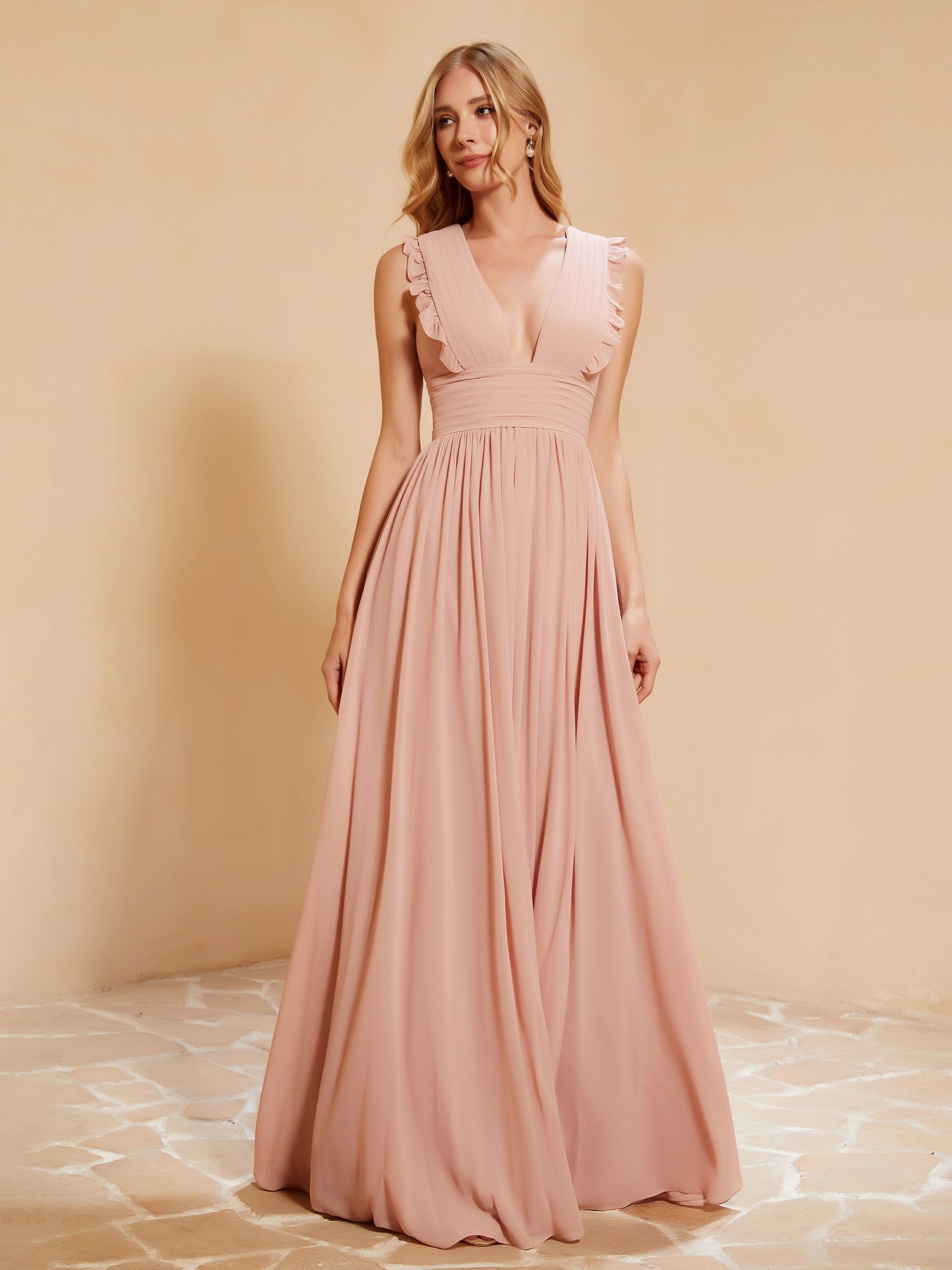 Maxi Robe Sans Manches avec Décolleté en V Plongeant Rose Poudré