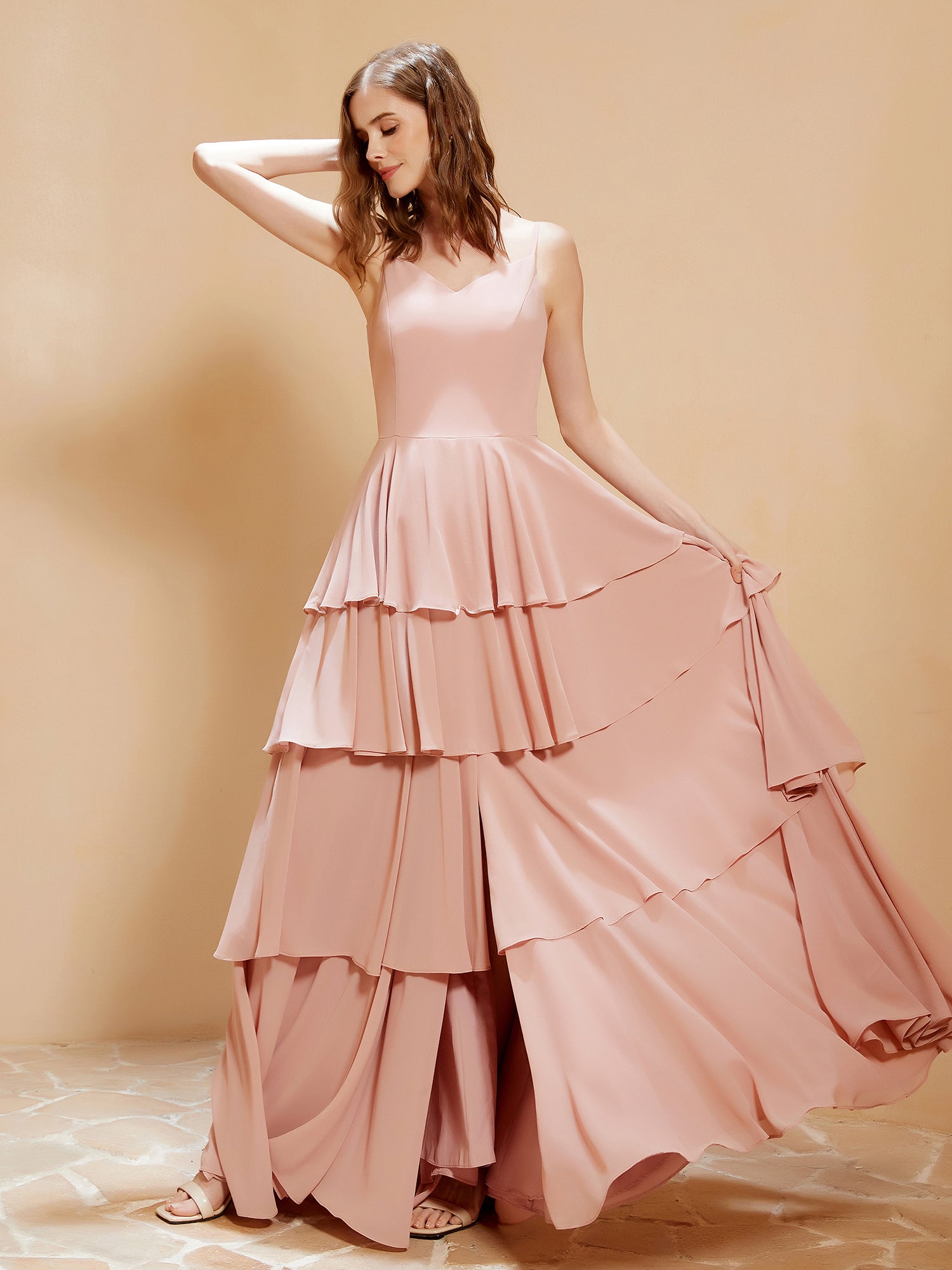 Robe Longue Bohème en Mousseline avec Volants Rose Poudré