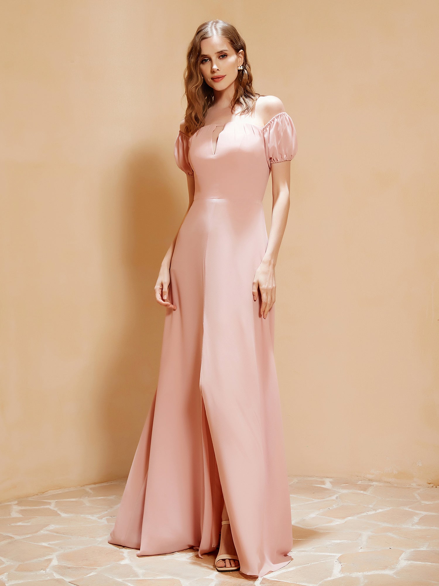 Robe Longue à Demi-Manches avec Fente Rose Poudré BABARONI