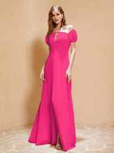 Robe Longue à Demi-Manches avec Fente Fuchsia